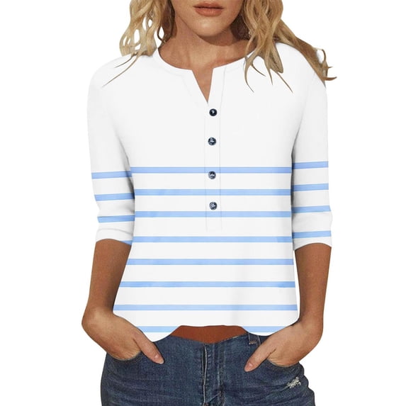 Womens Henley T-Shirts, 3/4 Sleeve Shirts for Women Fall Fashion Striped Printed Button Up Notch V Neck T Shirts Plus Size S-5XL