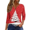 Womens Henley Tops 3/4 Sleeve Christmas Trees Xmas Snowflake Print T