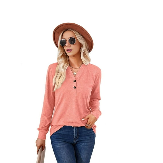 Womens Henley Tops Long Sleeve Shirts Thermal Pullover Casual Loose Fit Henley Neck Tunics Pink M