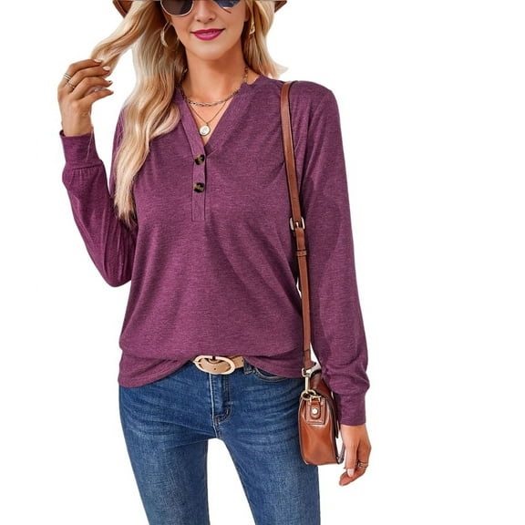 Womens Henley Tops Long Sleeve Shirts Thermal Pullover Casual Loose Fit Henley Neck Tunics Wine red S