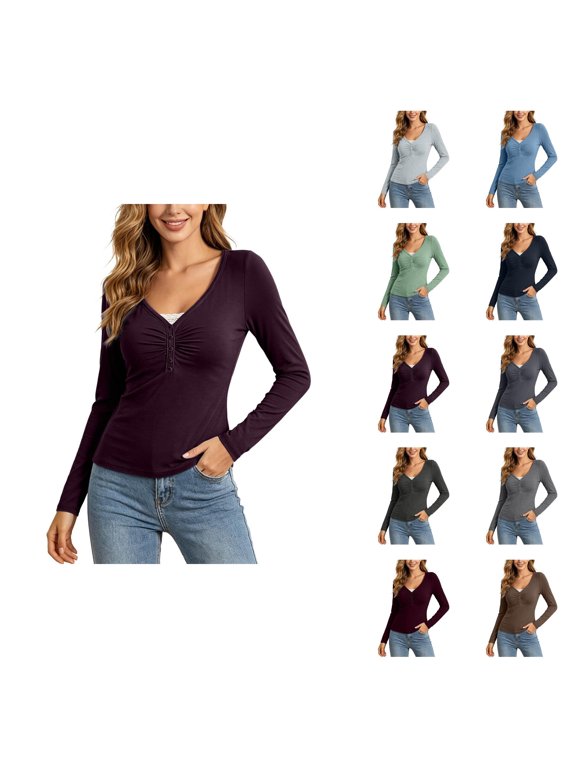 Womens Henley Tops Long Sleeve Spring Fall V Neck Pleated Front Low Cut Slim Fitted Shirt Y2k Going out Tops