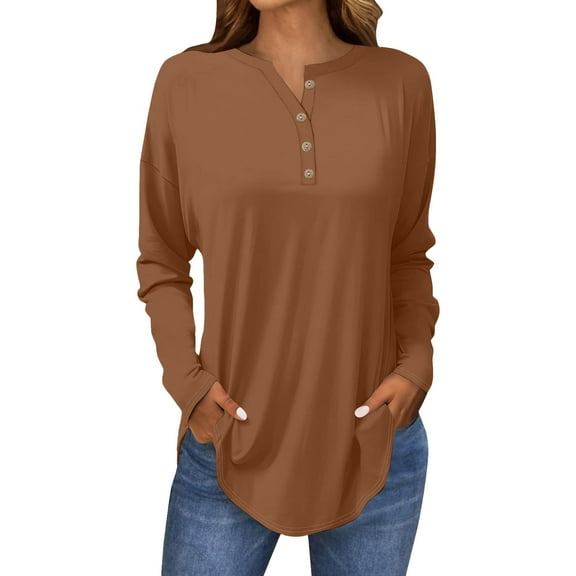 Womens Henley Tops Long Sleeve, Yigetop Long Sleeve Tops for Women Neck Casual Petite T Shirts Long Sleeve Tunic Tops for Women Coffee S