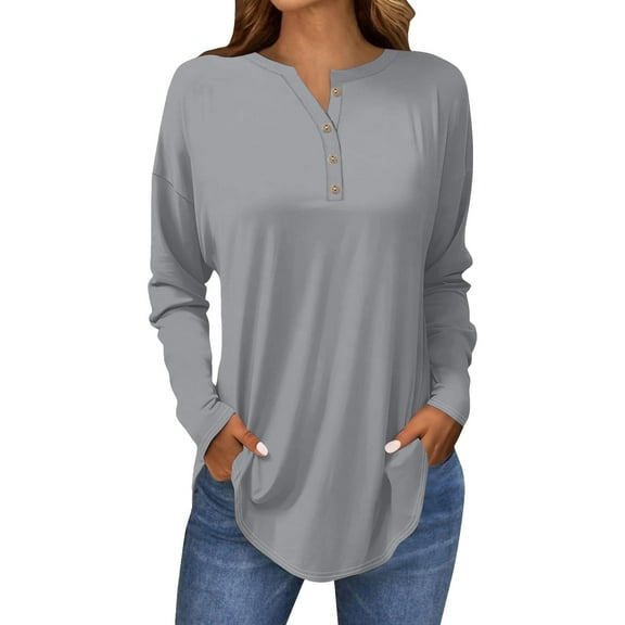Womens Henley Tops Long Sleeve, Yigetop Long Sleeve Tops for Women Neck Casual Petite T Shirts Long Sleeve Tunic Tops for Women Grey XL