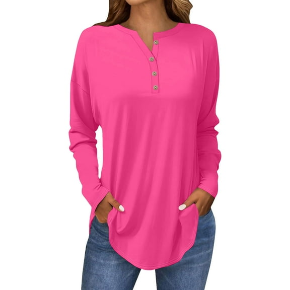 Womens Henley Tops Long Sleeve, Yigetop Long Sleeve Tops for Women Neck Casual Petite T Shirts Long Sleeve Tunic Tops for Women Hot Pink L