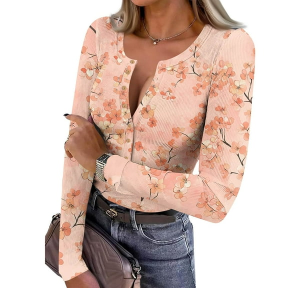 Womens Henley Tops Ribbed Knit Long Sleeve Tunic Shirts Casual Slim Fit Button Up T Shirts