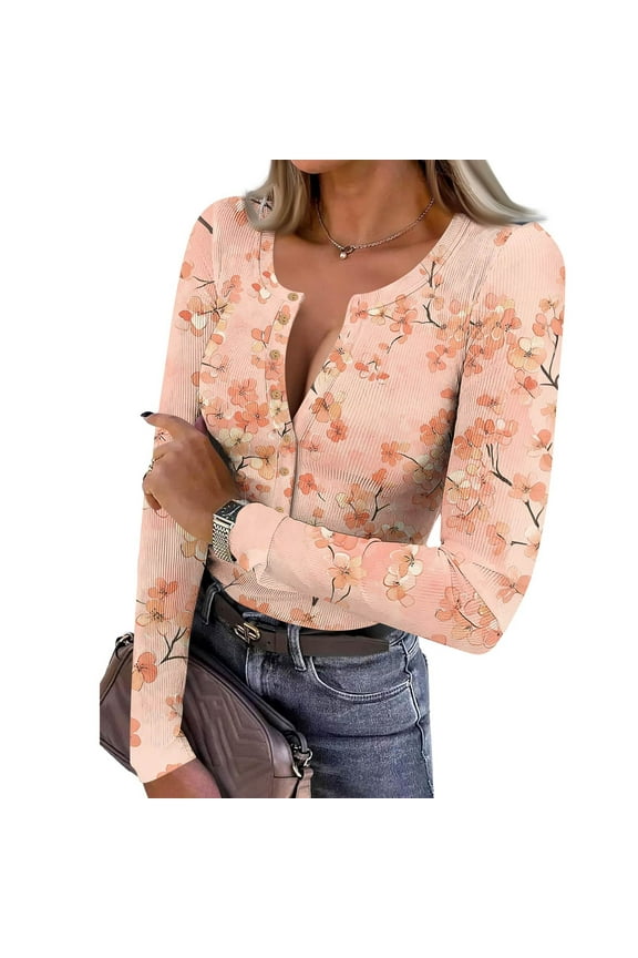 Womens Henley Tops Ribbed Knit Long Sleeve Tunic Shirts Casual Slim Fit Button Up T Shirts