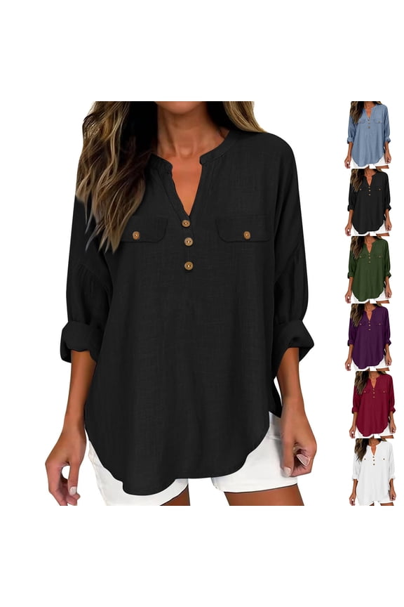 Womens Henley Tops Rolled Up Sleeve Shirts Button Up V Neck Pullover Cotton Curved Hem Shirt with Fake Flap Pocket Black M