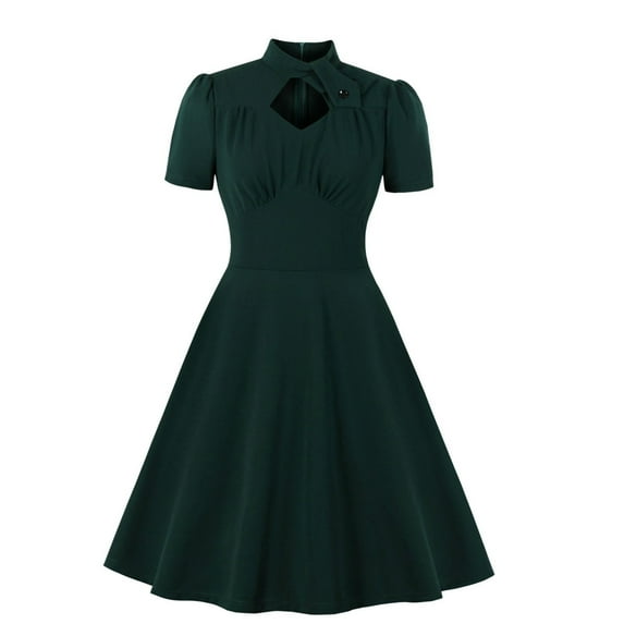 Womens Hepburn Gatsby 50s Dress Solid Color Pleated Tie Collar Short Sleeve Retro High Waist Swing Tea Dress