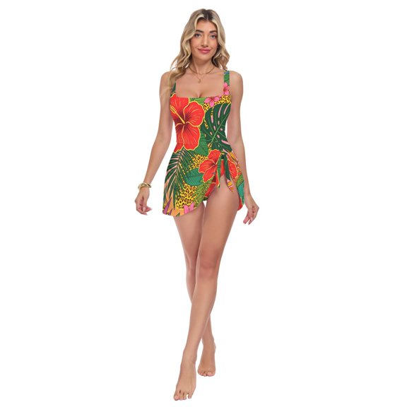 Womens Hibiscus Jungle Pop Print 2-in-1 Swim Dress Detachable Skirt One-Piece Swimsuit Square Neck S-XXL