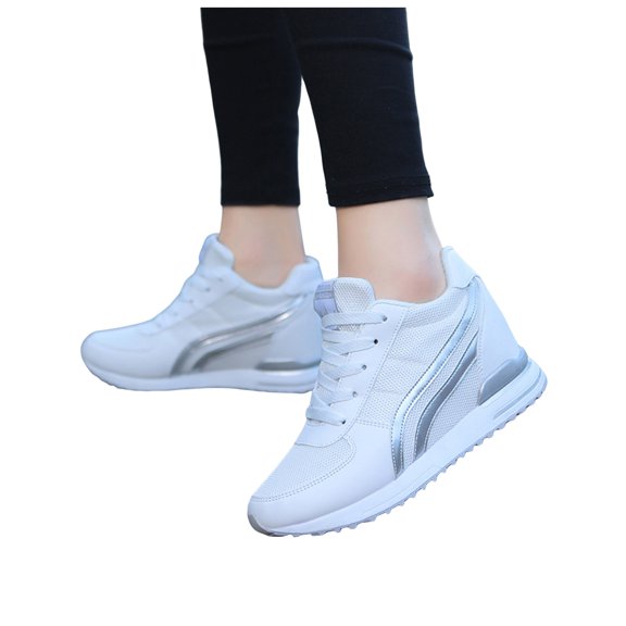 Womens Hidden Height Increasing Mid Top Fashion Sneakers Breathable Mesh Wedge High Heel Tennis Walking Shoes