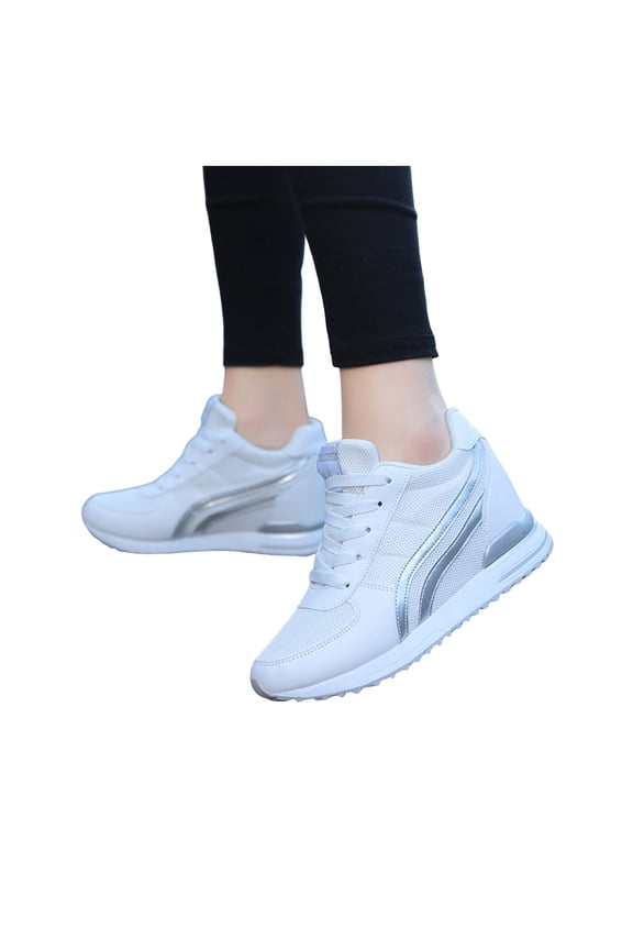 Womens Hidden Height Increasing Mid Top Fashion Sneakers Breathable Mesh Wedge High Heel Tennis Walking Shoes