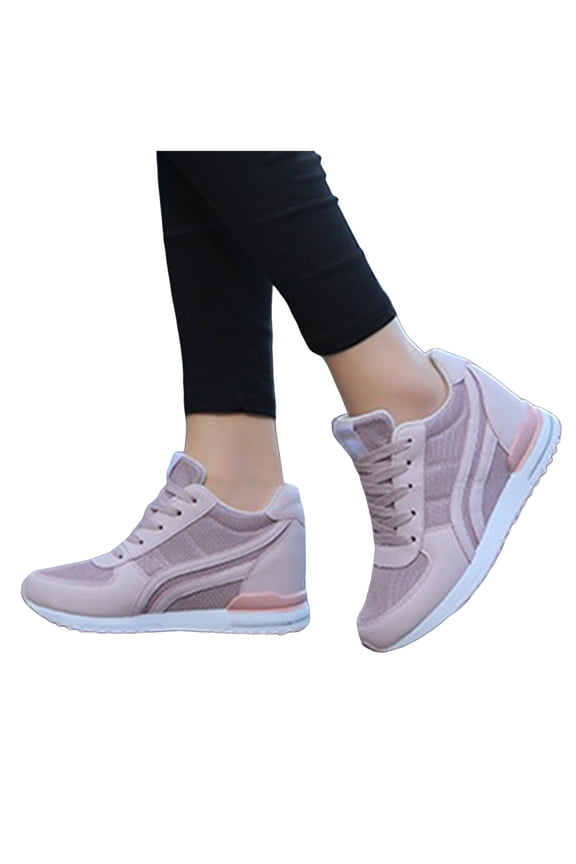 Womens Hidden Height Increasing Mid Top Fashion Sneakers Breathable Mesh Wedge High Heel Tennis Walking Shoes