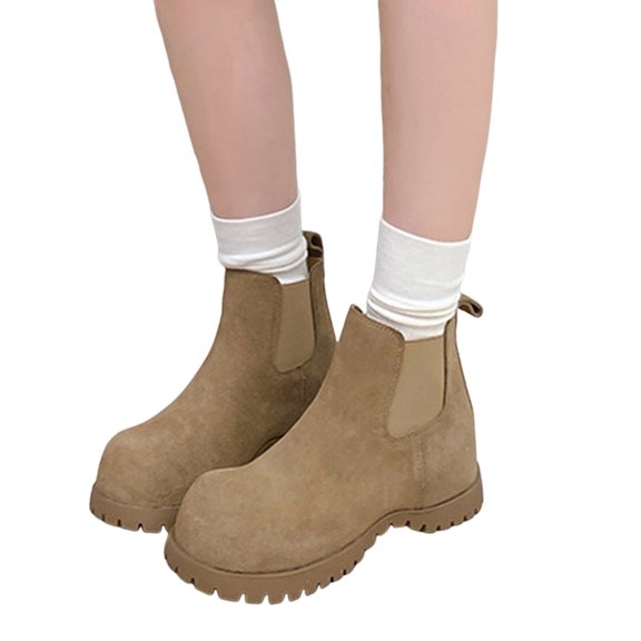 Womens Hidden Wedge Boots Stretch Slip on Cute Round Toe Ankle Booties Suede Chunky Lug Sole Winter Boots