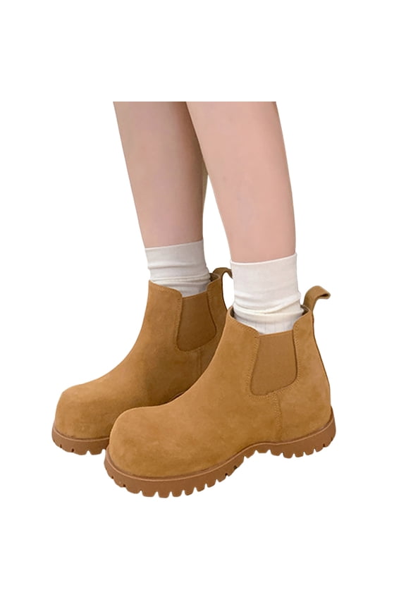 Womens Hidden Wedge Boots Stretch Slip on Cute Round Toe Ankle Booties Suede Chunky Lug Sole Winter Boots