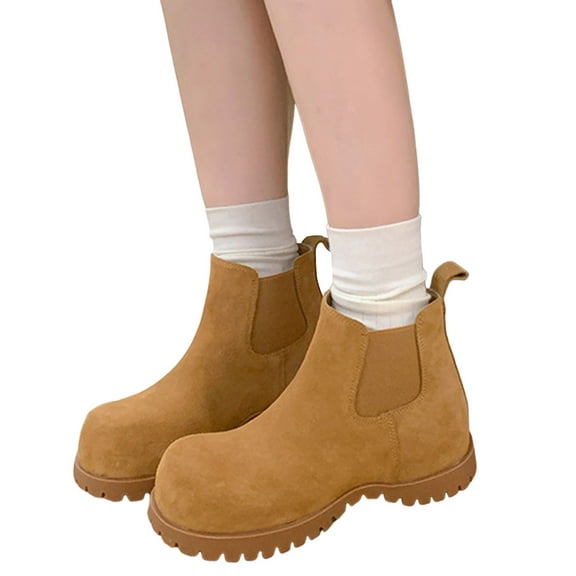 Womens Hidden Wedge Boots Stretch Slip on Cute Round Toe Ankle Booties Suede Chunky Lug Sole Winter Boots