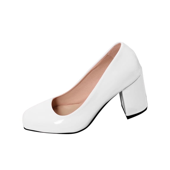 Womens High Chunky Block Heel Round Toe Pumps Slip-on Prom Dress Patent Leather 3.14 Inches Heels