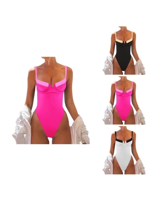 Womens High Cut One Piece Swimsuit - V Neck Color Block Spaghetti Strap Push Up Bathing Suit for Beach Vacation