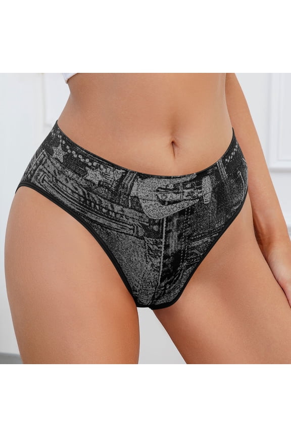 Womens High Cut Printed Panties - Black Novelty Graphic Stretchy Hi Cut Brief Underwear, Soft Nylon Spandex Blend, S-XL,Size XL