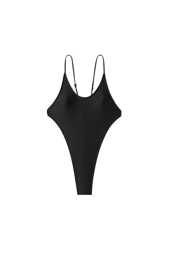 Womens High Cut Swimsuits Sexy Open Back Bikinis One Piece Swimwear Ajdustable Spaghetti Strap Thong Bathing Suit Black, L