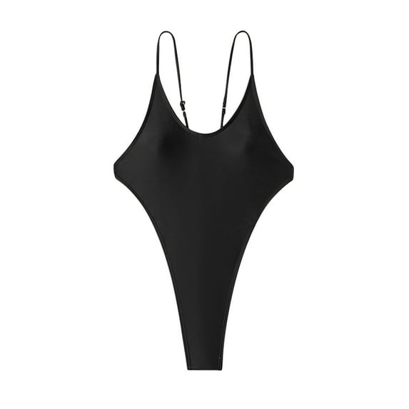 Womens High Cut Swimsuits Sexy Open Back Bikinis One Piece Swimwear Ajdustable Spaghetti Strap Thong Bathing Suit Black, S