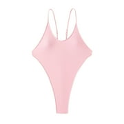 Womens High Cut Swimsuits Sexy Open Back Bikinis One Piece Swimwear Ajdustable Spaghetti Strap Thong Bathing Suit Pink, L
