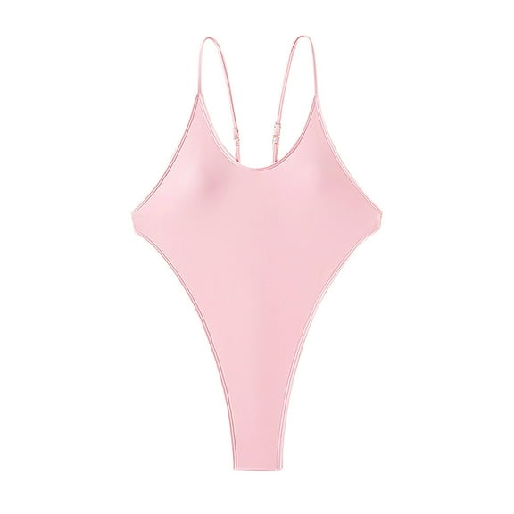 Womens High Cut Swimsuits Sexy Open Back Bikinis One Piece Swimwear Ajdustable Spaghetti Strap Thong Bathing Suit Pink, M