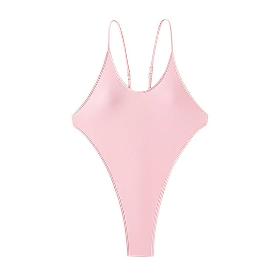 Womens High Cut Swimsuits Sexy Open Back Bikinis One Piece Swimwear Ajdustable Spaghetti Strap Thong Bathing Suit Pink, S