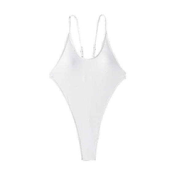 Womens High Cut Swimsuits Sexy Open Back Bikinis One Piece Swimwear Ajdustable Spaghetti Strap Thong Bathing Suit White, S