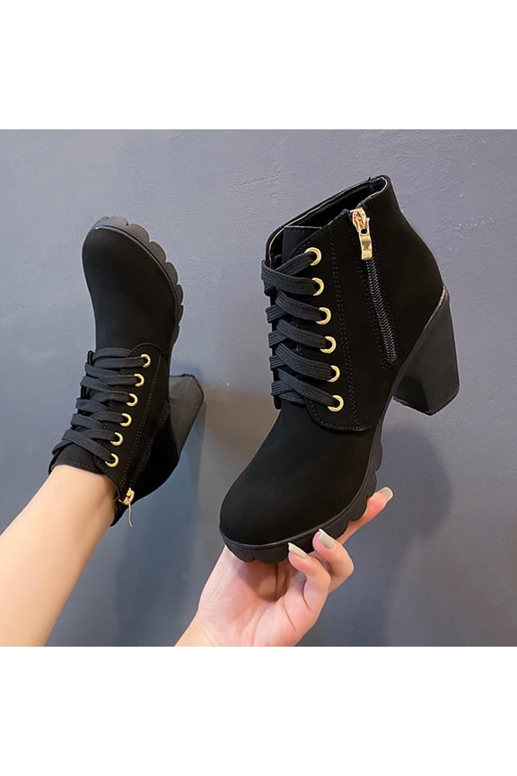 Womens High-Heels Ankle Boots Round Toe Lace-Up Casual British Ankle Boots Solid Color Side Zipper Thick Bottom High Heel Ankle Boots