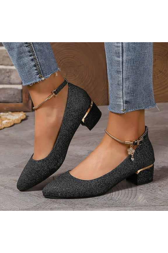 Womens High Heels Pointed Toe Shoes Casual Style Solid Color Fine Glitter Flower Buckle Thick Heel High Heel Sandals