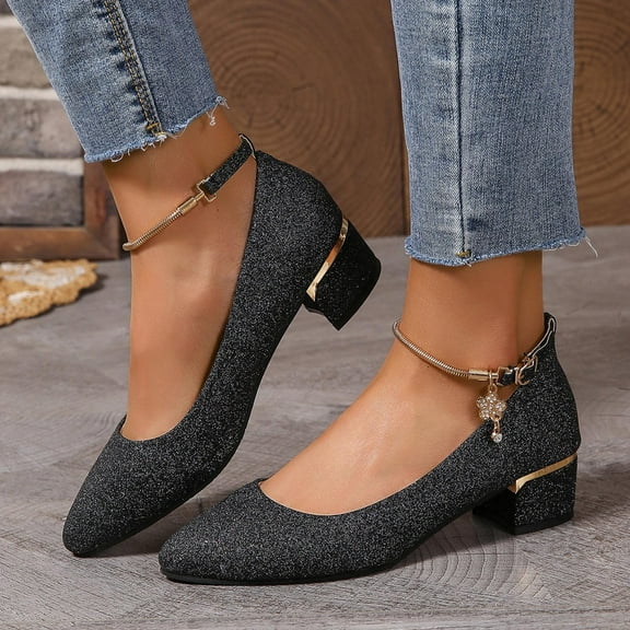 Womens High Heels Pointed Toe Shoes Casual Style Solid Color Fine Glitter Flower Buckle Thick Heel High Heel Sandals