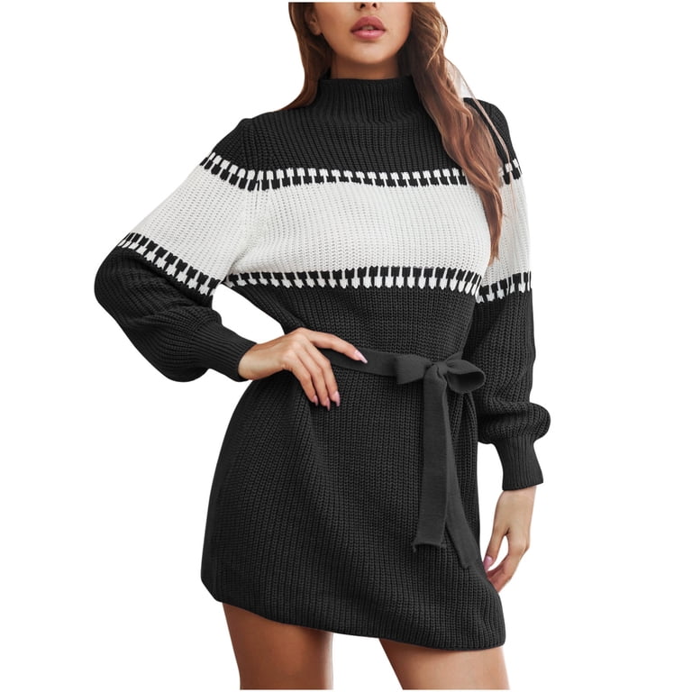 Womens High Neck Knit Sweater Dress Belt Sexy Casual Striped Mini Dresses  Long Sleeve Comfy Stretchy Knitwear - Walmart.com