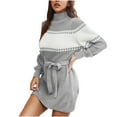 thumbnail image 1 of Womens High Neck Knit Sweater Dress Belt Sexy Casual Striped Mini Dresses Long Sleeve Comfy Stretchy Knitwear, 1 of 6