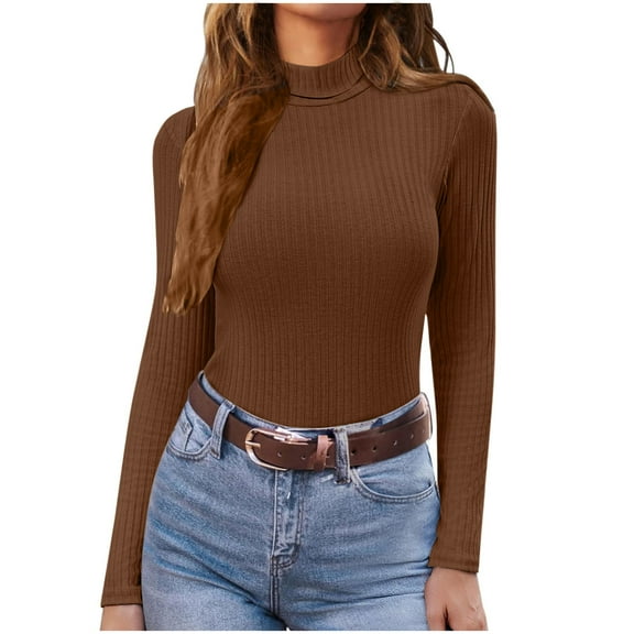 Womens High Neck Knit Tops Slim Fit Casual Pure Color Base Sweater Turtleneck Ribbed Pullover Long Sleeve Blouse (XL, Coffee)