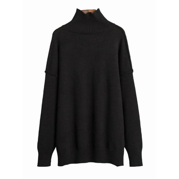 Womens High Neck Long Sleeve Sweater Fall Winter Trendy Loose Fit Casual Tops Chunky Knit Pullover Sweaters Black L