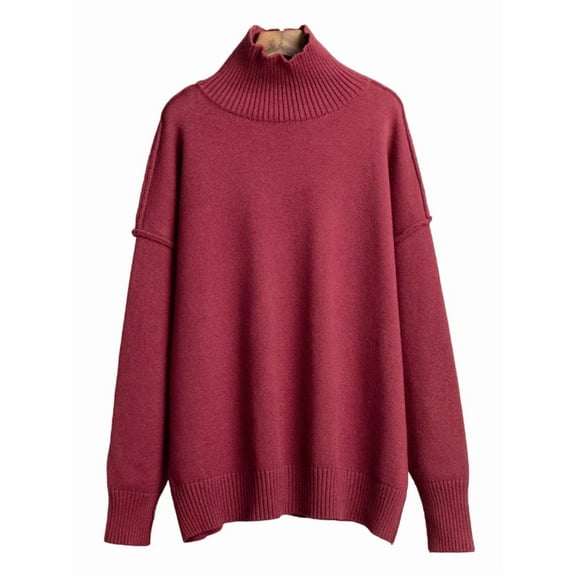Womens High Neck Long Sleeve Sweater Fall Winter Trendy Loose Fit Casual Tops Chunky Knit Pullover Sweaters Wine Red M