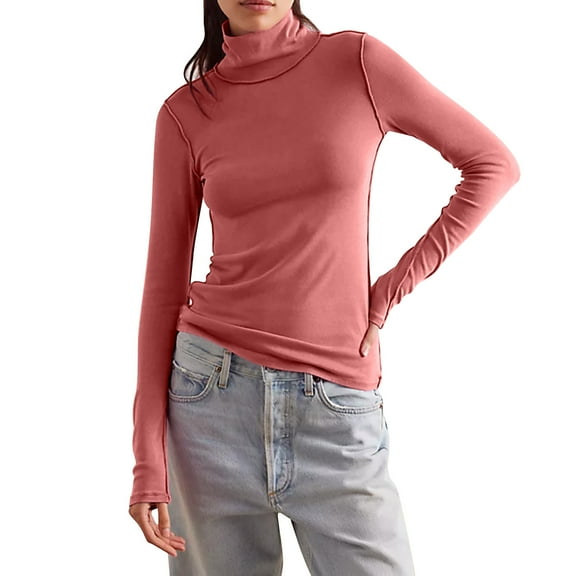 Womens High Neck Long Sleeve Tops Fall Solid Color Tights Shirt Fashion Turtleneck Aesthetic Basics Blouses (Watermelon Red L)