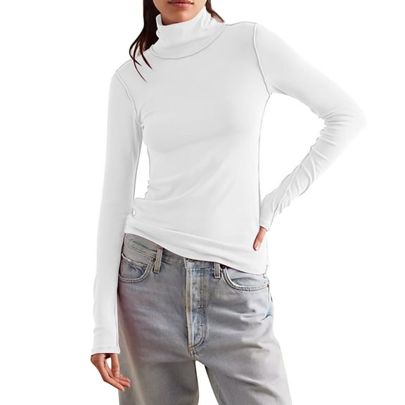 Womens High Neck Long Sleeve Tops Fall Solid Color Tights Shirt Fashion Turtleneck Aesthetic Basics Blouses (White S)