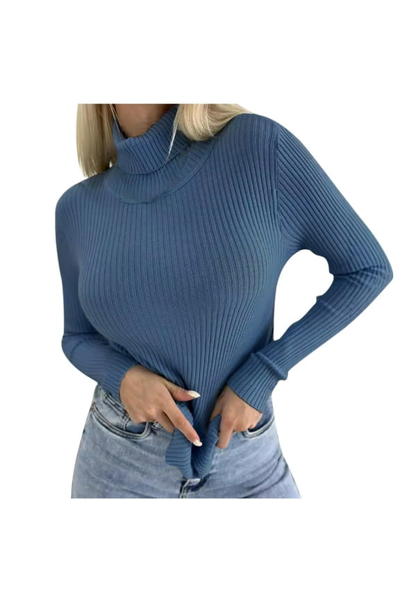 Womens High Neck Sweater, Fall Sweaters for Women Fashion Slimming Fit Solid Color Knitted Ribbed Long Sleeve Pullover