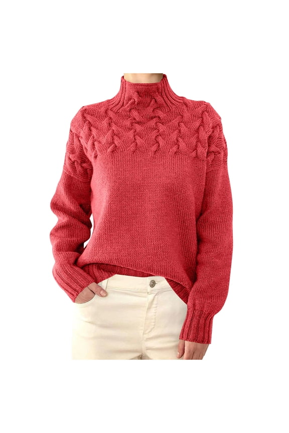 Womens High Neck Sweaters Cable Knitted Loose Pullover Tops Long Sleeve Solid Color Fall Winter Knitwear (XL, Watermelon Red)