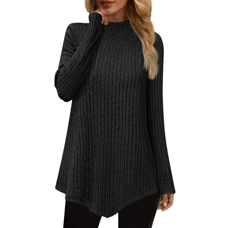 Womens High Neck Sweaters Casual Long Sleeve Shirts Solid Color
