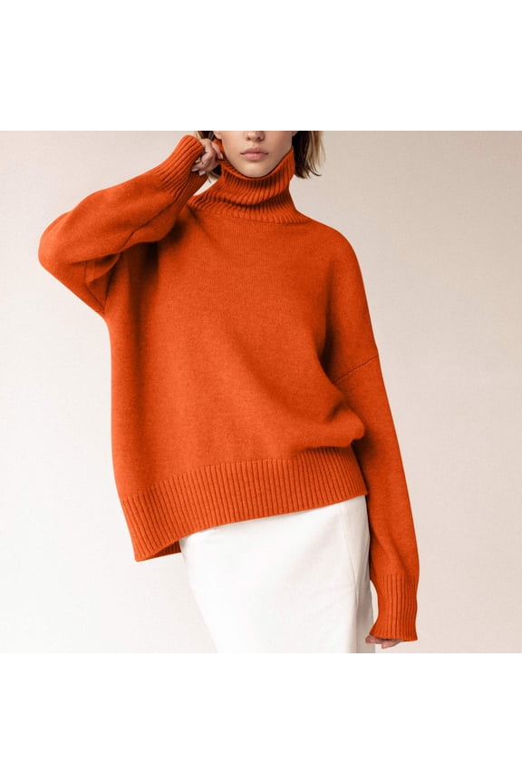 Womens High Neck Sweaters Fall Stylish Design Solid Cable Knit Long Sleeve Loose Pullovers Sweaters Casual Orange M