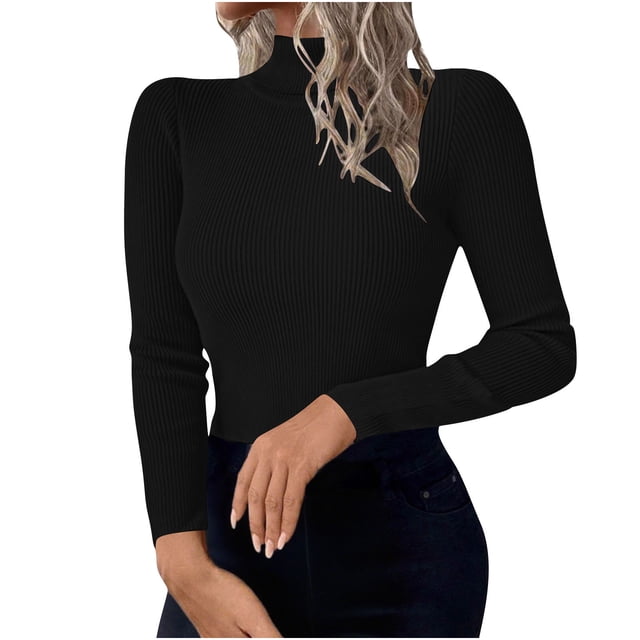 Womens High Neck Sweaters, Long Sleeve Pullover for Women Fall Casual Solid Color Slimming Fit Ribbed Sweater Tops S-XL