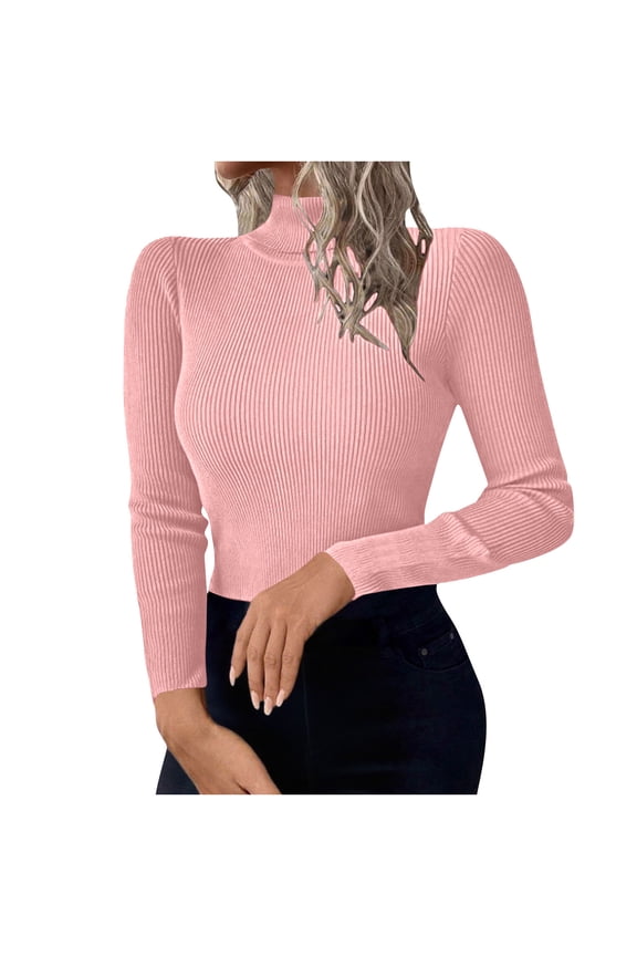 Womens High Neck Sweaters, Long Sleeve Pullover for Women Fall Casual Solid Color Slimming Fit Ribbed Sweater Tops S-XL