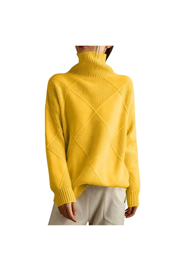Womens High Neck Sweaters Solid Color Comfy Knitted Turtleneck Pullover Loose Long Sleeve Casual Winter Tops (L, Yellow)