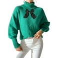 thumbnail image 1 of Womens High Neck Sweaters with Bowknot Ribbed Turtleneck Pullover Knit Pullover Long Sleeve Casual Winter Tops (XL, Green), 1 of 7