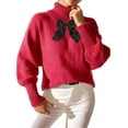 thumbnail image 1 of Womens High Neck Sweaters with Bowknot Ribbed Turtleneck Pullover Knit Pullover Long Sleeve Casual Winter Tops (XL, Red), 1 of 6