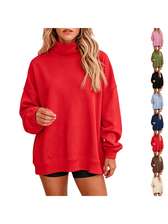 Womens High Neck Sweatshirt Loose Fit Drop Shoulder Long Sleeve with Pockets Casual