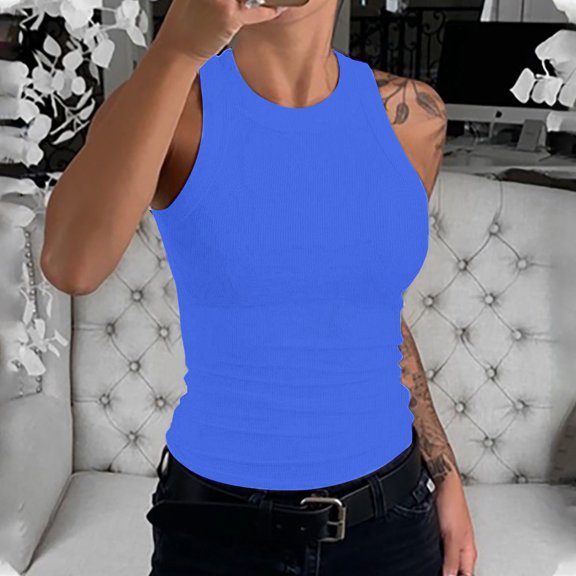 Womens High Neck Tank Tops Sleeveless Slim Fit Tee Shirts (Blue L)