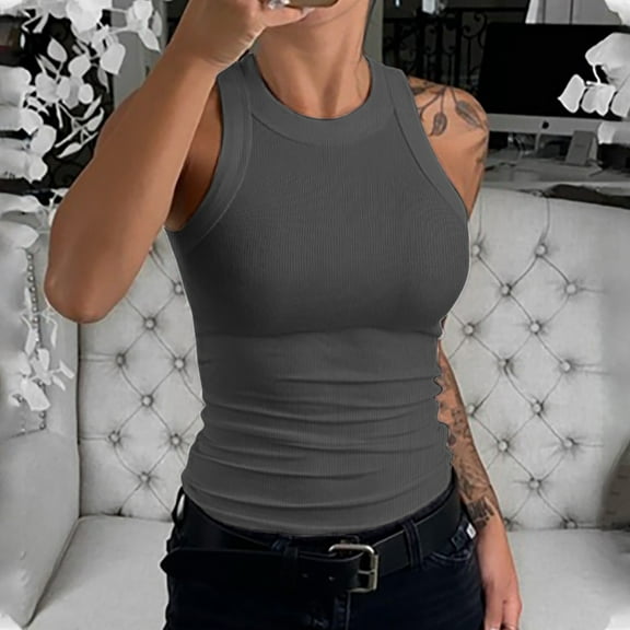 Womens High Neck Tank Tops Sleeveless Slim Fit Tee Shirts (GY2 M)